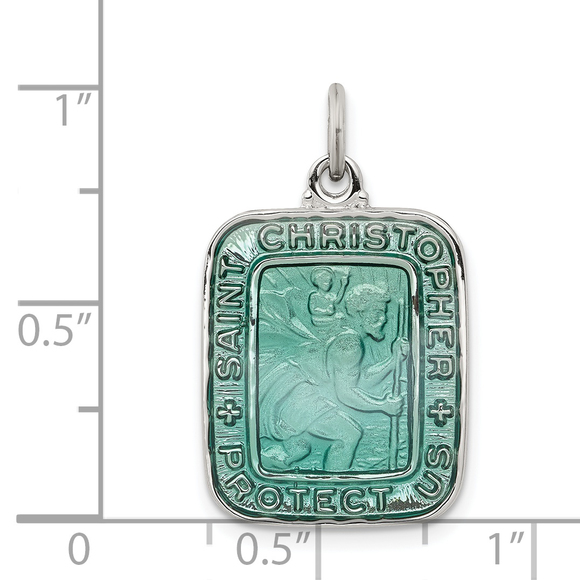 Sterling Silver Teal Enamel Square St. Christopher Medal Pendant - Picture 3 of 4